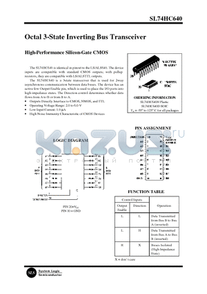 SL74HC640D datasheet - Octal 3-State Inverting Bus Transceiver(High-Performance Silicon-Gate CMOS