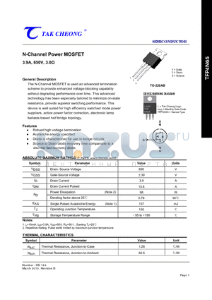 TFP4N65 datasheet - N-Channel Power MOSFET 3.9A, 650V, 3.0Y