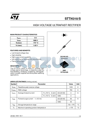 STTH310 datasheet - HIGH VOLTAGE ULTRAFAST RECTIFIER