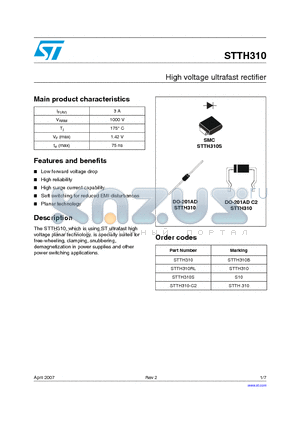 STTH310RL datasheet - High voltage ultrafast rectifier