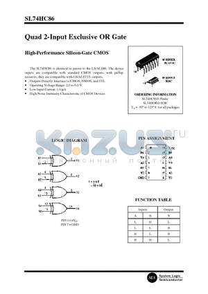 SL74HC86N datasheet - Quad 2-Input Exclusive OR Gate(High-Performance Silicon-Gate CMOS)