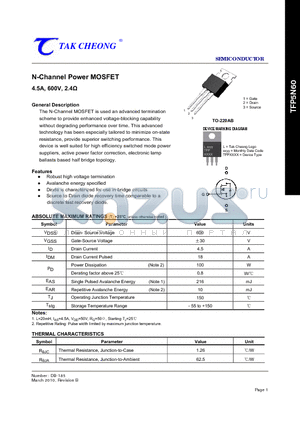 TFP5N60 datasheet - N-Channel Power MOSFET 4.5A, 600V, 2.4Y