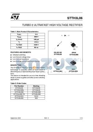 STTH3L06B-TR datasheet - TURBO 2 ULTRAFAST HIGH VOLTAGE RECTIFIER