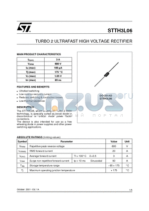 STTH3L06RL datasheet - TURBO 2 ULTRAFAST HIGH VOLTAGE RECTIFIER