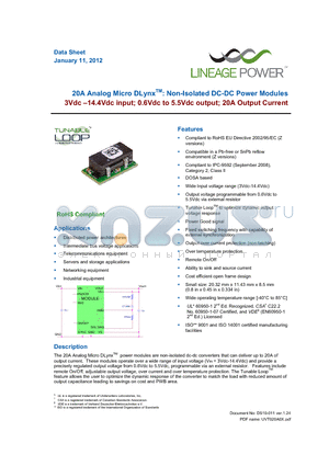 UVT020A0X3-SRZ datasheet - 20A Analog Micro DLynxTM