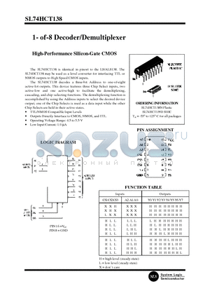 SL74HCT138D datasheet - 1- of-8 Decoder/Demultiplexer(High-Performance Silicon-Gate CMOS)