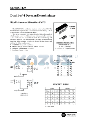 SL74HCT139 datasheet - Dual 1-of-4 Decoder/Demultiplexer(High-Performance Silicon-Gate CMOS)