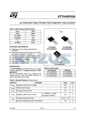 STTH40P03S datasheet - ULTRAFAST RECTIFIER PDP ENERGY RECOVERY