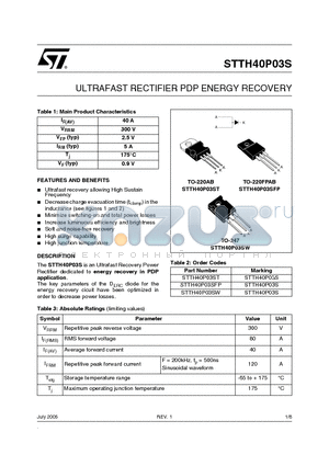 STTH40P03SFP datasheet - ULTRAFAST RECTIFIER PDP ENERGY RECOVERY