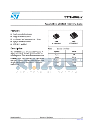 STTH4R02-Y datasheet - Automotive ultrafast recovery diode