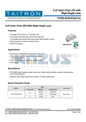 TFPR-QTB1FA-2714-92-TR70 datasheet - Full Color Chip LED With Right Angle Lens