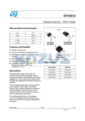 STTH512B datasheet - Ultrafast recovery - 1200 V diode