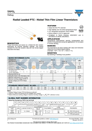 TFPTL10L1000JL2T datasheet - Radial Leaded PTC - Nickel Thin Film Linear Thermistors