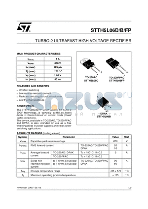 STTH5L06FP datasheet - TURBO 2 ULTRAFAST HIGH VOLTAGE RECTIFIER