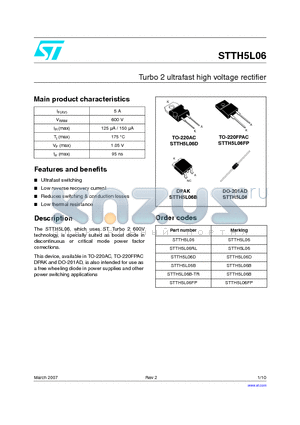 STTH5L06FP datasheet - Turbo 2 ultrafast high voltage rectifier