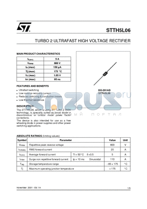 STTH5L06RL datasheet - TURBO 2 ULTRAFAST HIGH VOLTAGE RECTIFIER