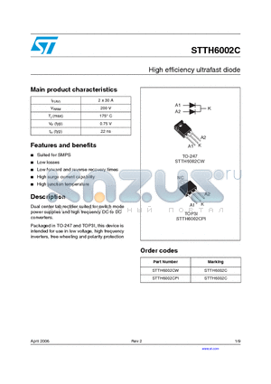 STTH6002CW datasheet - High efficiency ultrafast diode