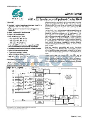 WCSS0232V1P datasheet - 64K x 32 Synchronous-Pipelined Cache RAM