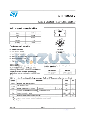 STTH6006TV1 datasheet - Turbo 2 ultrafast-high voltage rectifier