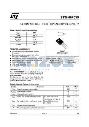 STTH60P03S datasheet - ULTRAFAST RECTIFIER PDP ENERGY RECOVERY