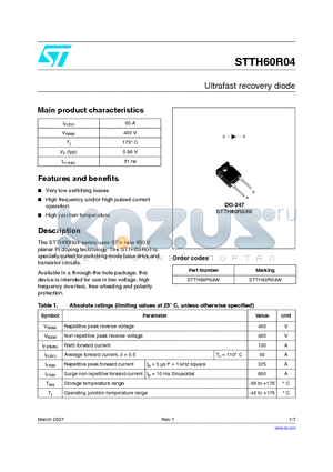 STTH60R04W datasheet - Ultrafast recovery diode