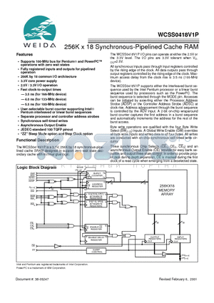 WCSS0418V1P-133BGI datasheet - 256K x 18 Synchronous-Pipelined Cache RAM