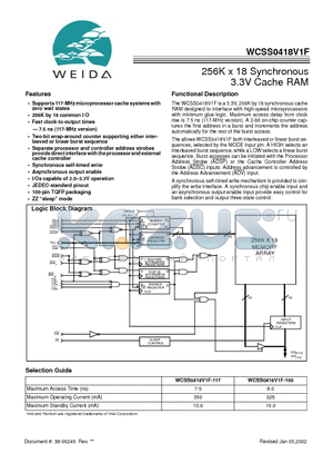 WCSS0436V1P datasheet - 256K x 18 Synchronous 3.3V Cache RAM