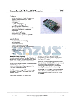 WD01 datasheet - Wireless Controller Module with RF Transceiver