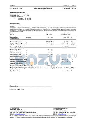 TFR390 datasheet - Resonator Specification