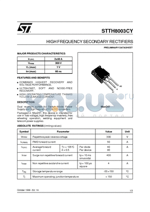 STTH8003CY datasheet - HIGH FREQUENCY SECONDARY RECTIFIERS
