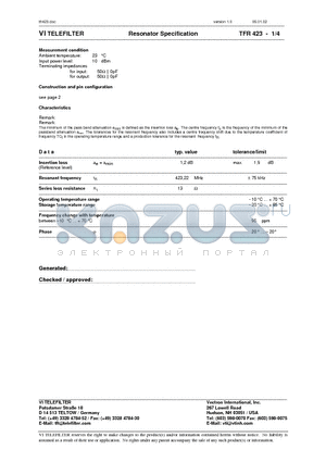 TFR423 datasheet - Resonator Specification