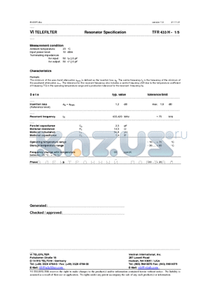 TFR433H datasheet - Resonator Specification