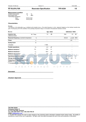 TFR433H datasheet - Resonator Specification