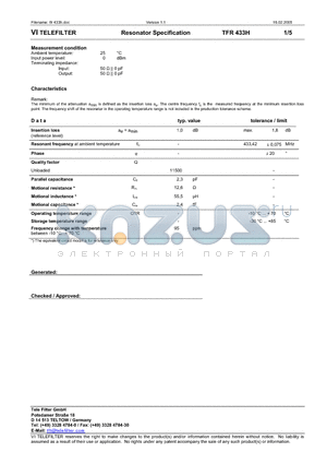 TFR433H_05 datasheet - Resonator Specification
