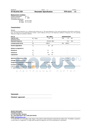 TFR433K datasheet - Resonator Specification