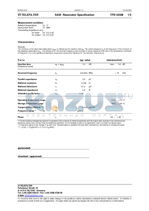 TFR433M datasheet - SAW Resonator Specification