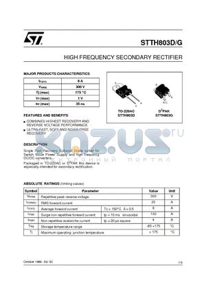 STTH803 datasheet - HIGH FREQUENCY SECONDARY RECTIFIER