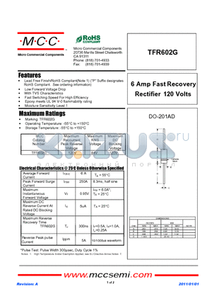 TFR602G datasheet - 6 Amp Fast Recovery Rectifier 120 Volts