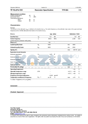 TFR804 datasheet - Resonator Specification