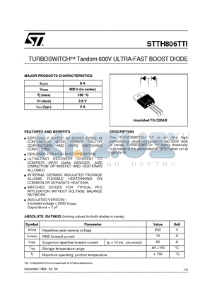 STTH806 datasheet - TURBOSWITCHO Tandem 600V ULTRA-FAST BOOST DIODE