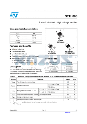 STTH806 datasheet - Turbo 2 ultrafast - high voltage rectifier