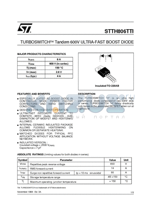 STTH806TTI datasheet - TURBOSWITCHO Tandem 600V ULTRA-FAST BOOST DIODE