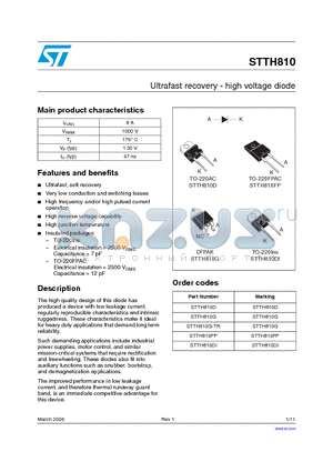 STTH810 datasheet - Ultrafast recovery - high voltage diode