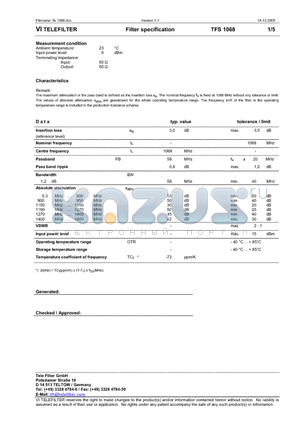 TFS1068 datasheet - Filter specification