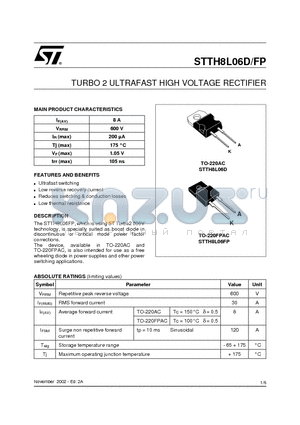 STTH8L06FP datasheet - TURBO 2 ULTRAFAST HIGH VOLTAGE RECTIFIER