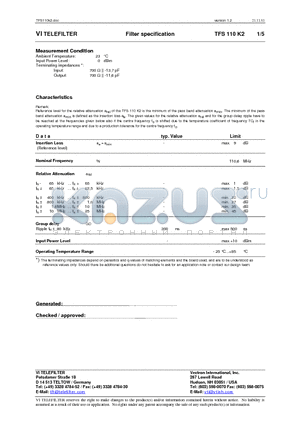 TFS110K2 datasheet - TELEFILTER Filter specification