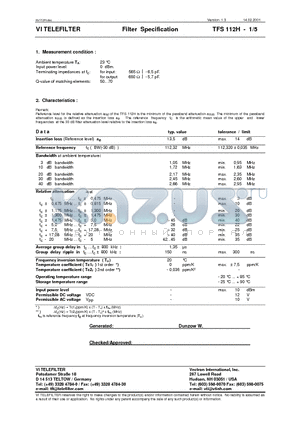 TFS112H datasheet - Filter Specification