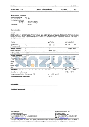 TFS116 datasheet - Filter Specification