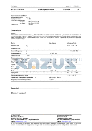 TFS117A datasheet - Filter Specification