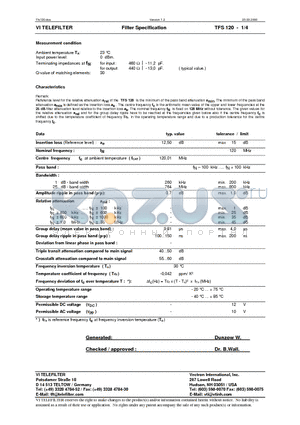 TFS120 datasheet - Filter Specification